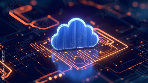 Digital cloud technology symbol on circuit board background representing data storage, network, and cloud computing innovation.