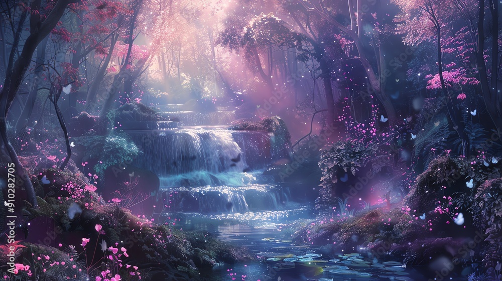 Ethereal fantasy forest with a cascading waterfall and blooming flowers. Ethereal fantasy forest with a cascading waterfall and blooming flowers.