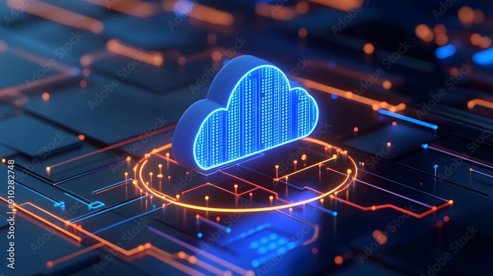 Digital illustration of a glowing blue cloud icon on a futuristic circuit board, representing cloud computing and data storage technology.