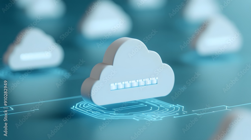 Digital illustration of cloud computing concept with 3D cloud icons and futuristic circuit board background, representing data storage and network. Digital illustration of cloud computing concept with 3D cloud icons and futuristic circuit board background, representing data storage and network.