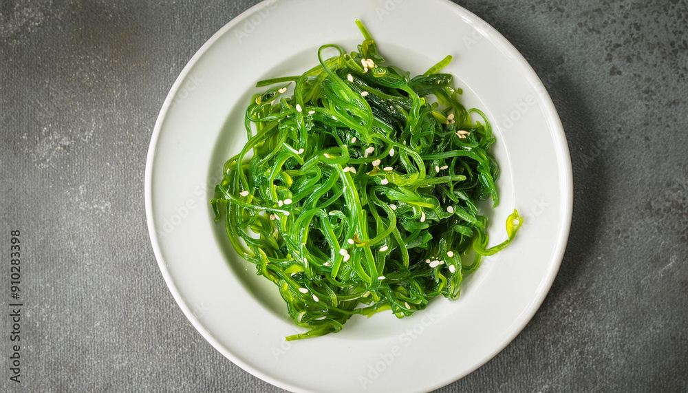 Green seaweed salad in white plate. Tasty food. Delicious and healthy dish. Close-up. Flat lay