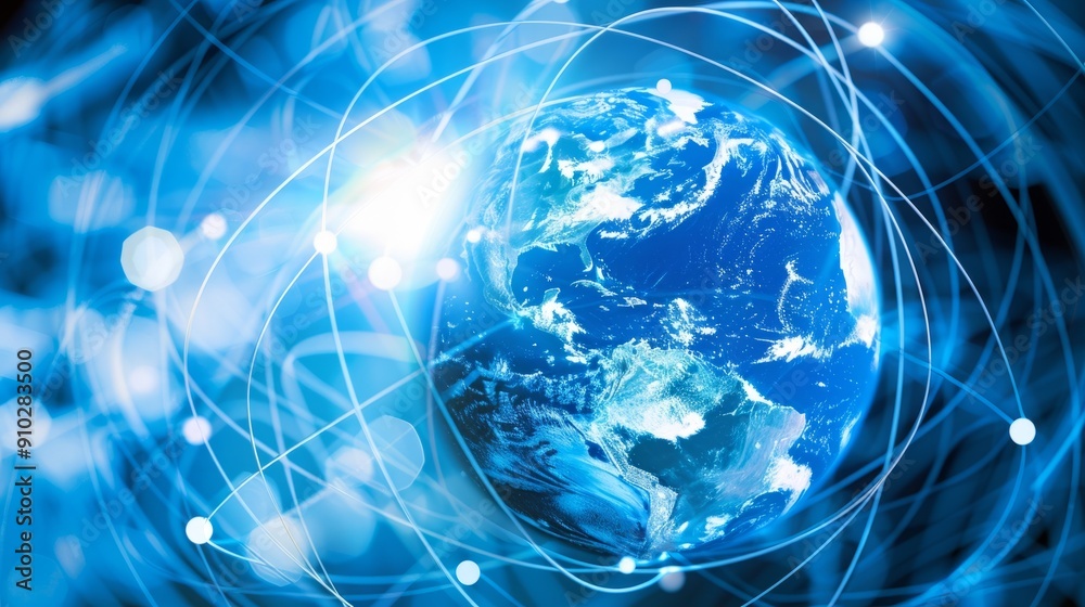 Global network connections. A glowing Earth surrounded by abstract lines, symbolizing global connectivity and communication. Global network connections. A glowing Earth surrounded by abstract lines, symbolizing global connectivity and communication.