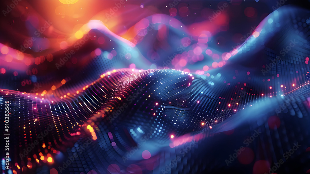 Abstract 3D Background with Wavy Grid and Glowing Lights