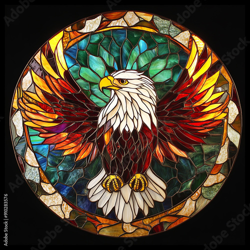Detailed stained glass style round mandala of a bald eagle, isolated on a black background.	
