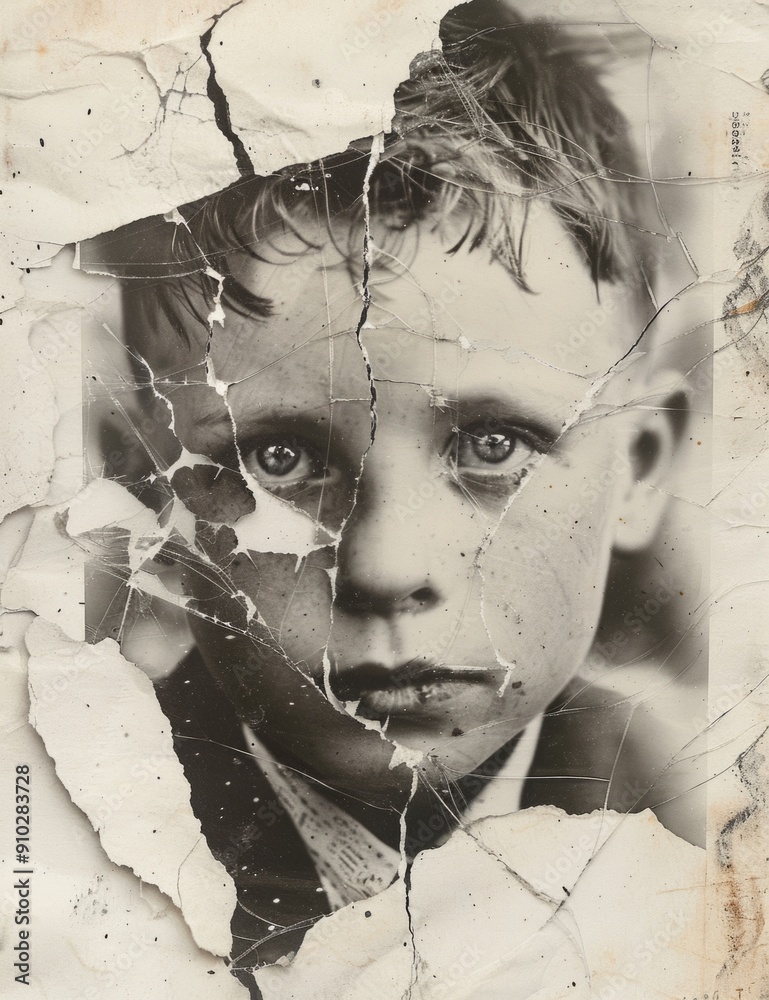 Vintage shabby photo of boy with torn and wrinkled effects