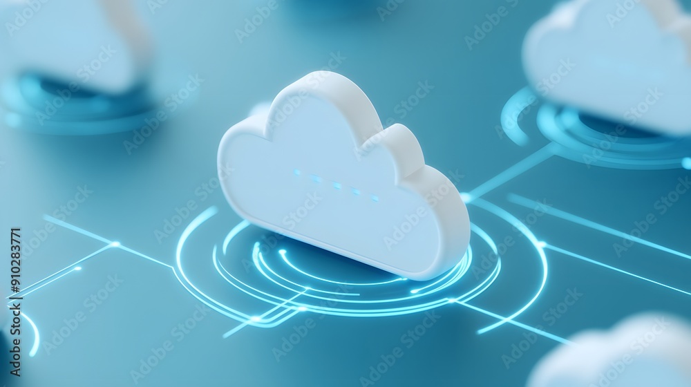 Digital representation of a cloud computing network showcasing connectivity and cloud technology. Ideal for technology and innovation themes.
