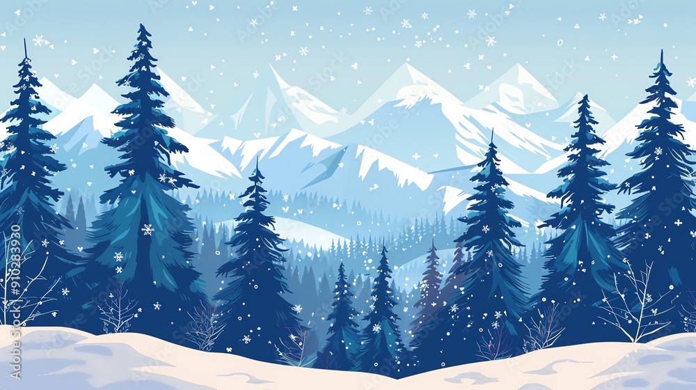 Fototapeta premium Snowy mountain landscape with tall pine trees and falling snow. Perfect for winter or Christmas themes.