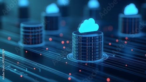 Digital representation of cloud computing, data storage solution, and network technology on futuristic server in a blue technology background.