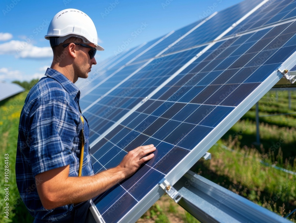 Engineer installing solar panel at green energy farm Engineer installing solar panel at green energy farm