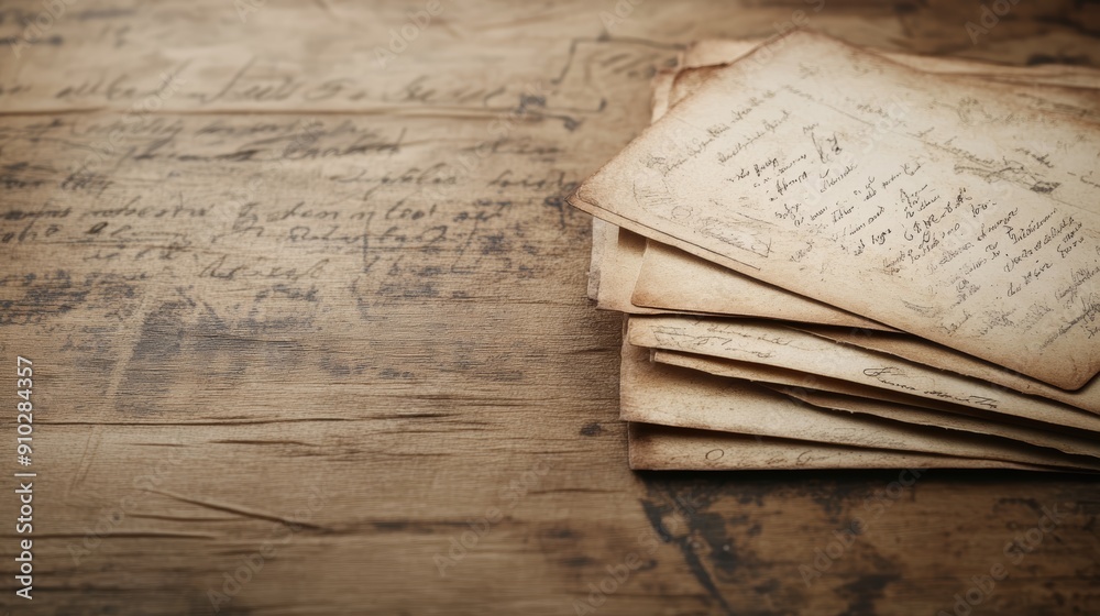 A stack of old, handwritten papers on a wooden surface. The papers are yellowed and worn with age, suggesting a long and storied past. A stack of old, handwritten papers on a wooden surface. The papers are yellowed and worn with age, suggesting a long and storied past.