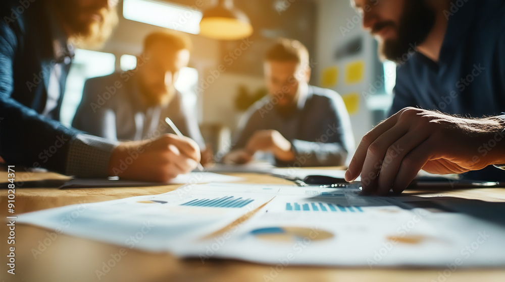 Business team collaborating in an office, working on documents and charts for a new project, with a focus on teamwork and strategy.
