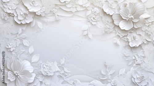 Elegant white floral background with embossed flowers and leaves. Perfect for wedding invitations,  greeting cards, or romantic projects.