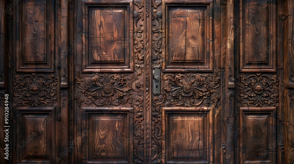 Ornate wooden doors with intricate carving. A close-up shot of an aged wooden door with elaborate carvings. The dark wood adds to the vintage feel, giving an air of mystery and history. Ornate wooden doors with intricate carving. A close-up shot of an aged wooden door with elaborate carvings. The dark wood adds to the vintage feel, giving an air of mystery and history.