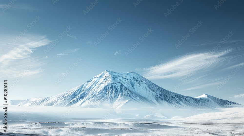 Majestic snowy mountain peak. A breathtaking view of a snow-covered mountain range with a striking peak against a clear blue sky and wispy clouds. Majestic snowy mountain peak. A breathtaking view of a snow-covered mountain range with a striking peak against a clear blue sky and wispy clouds.