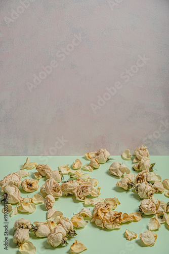 scattered roses heads on green light surface. Space for text in the uper side photo