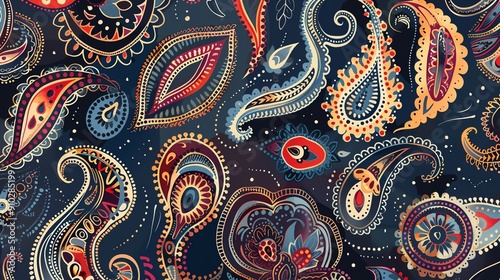 Vibrant paisley pattern in red, blue, and yellow on a dark blue background.