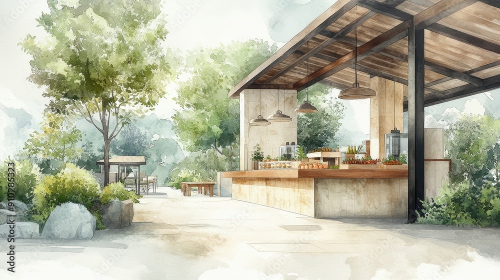 A cozy outdoor cafe with wooden tables and chairs under a shaded patio, surrounded by lush greenery. A cozy outdoor cafe with wooden tables and chairs under a shaded patio, surrounded by lush greenery.