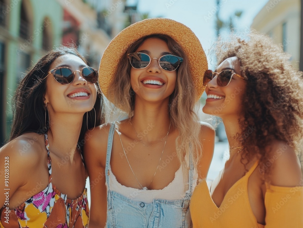 Three women standing side by side, smiling and chatting Three women standing side by side, smiling and chatting