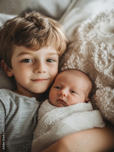 A young boy is lying down with an infant, showcasing a tender moment between family members