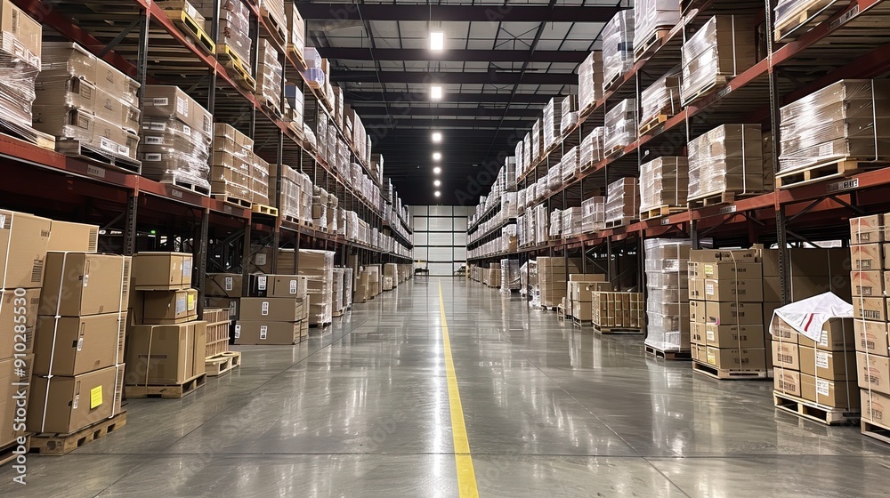 Large Warehouses with Rows of Stacked Boxes in Industrial Settings. AI generated image Large Warehouses with Rows of Stacked Boxes in Industrial Settings. AI generated image