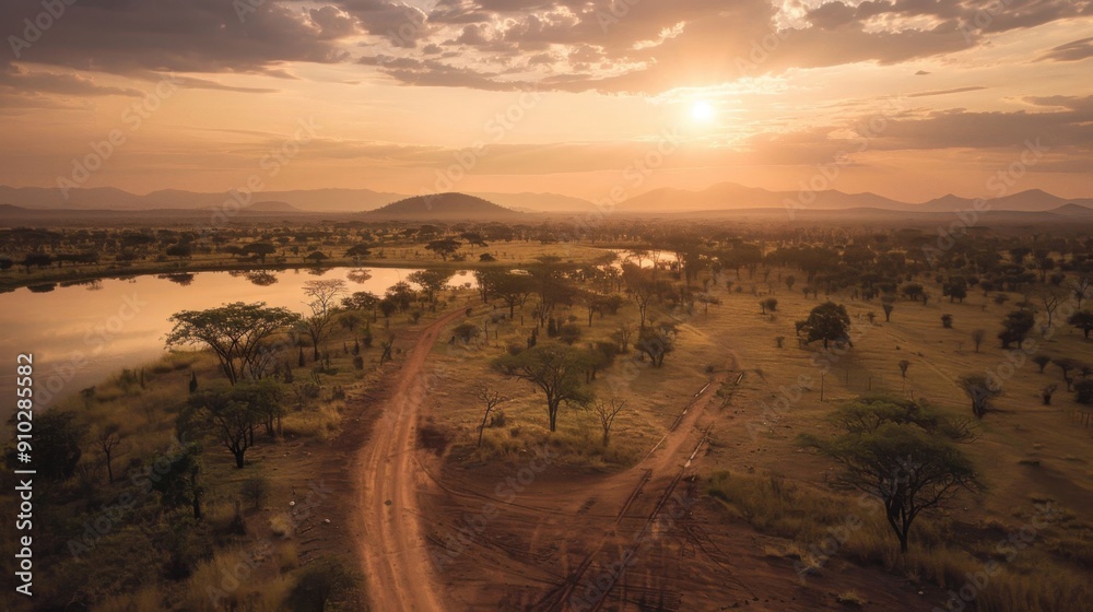 A beautiful sunset over a desert landscape with a road in the middle A beautiful sunset over a desert landscape with a road in the middle