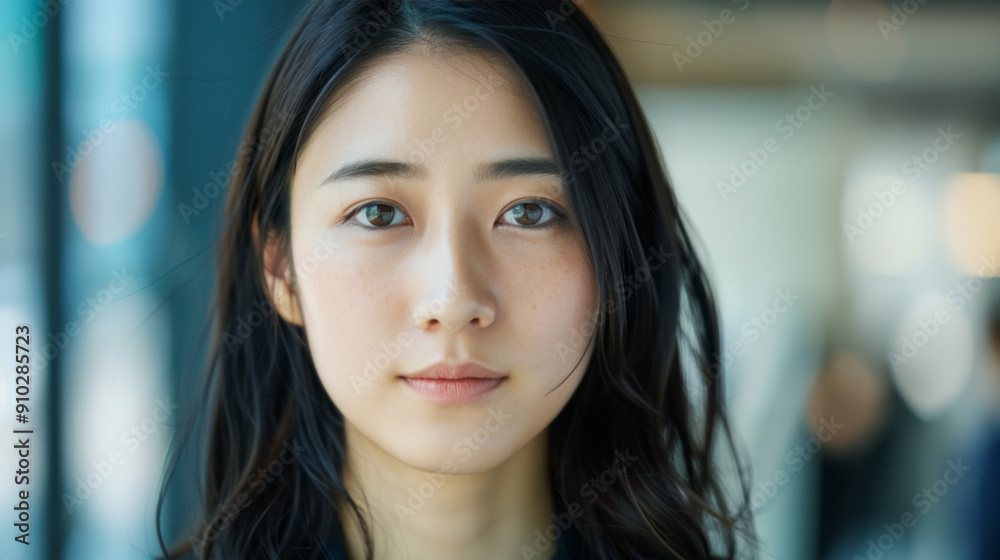 Portrait of a young woman with long black hair. A close-up portrait of a young Asian woman with long dark hair, looking directly at the camera. Her expression is serious and focused. Portrait of a young woman with long black hair. A close-up portrait of a young Asian woman with long dark hair, looking directly at the camera. Her expression is serious and focused.