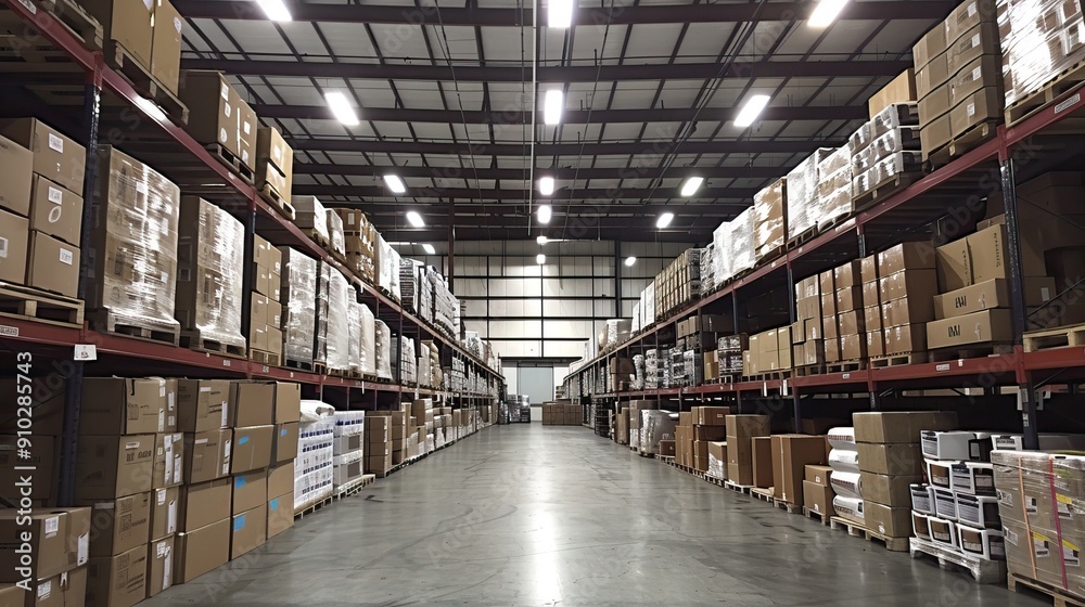 Large Warehouses with Rows of Stacked Boxes in Industrial Settings. AI generated image Large Warehouses with Rows of Stacked Boxes in Industrial Settings. AI generated image