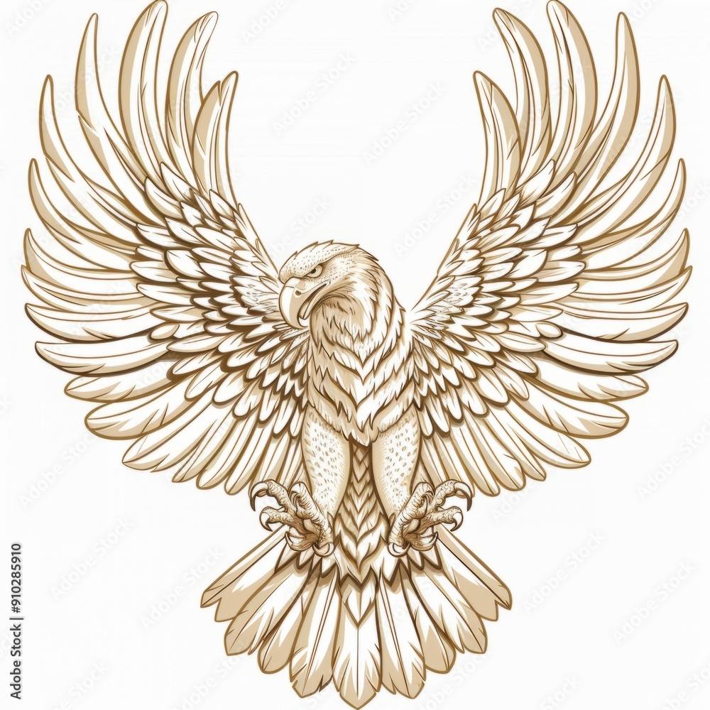 Obraz premium Golden eagle with wings spread wide in detailed line illustration