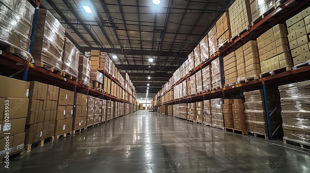 Large Warehouses with Rows of Stacked Boxes in Industrial Settings. AI generated image Large Warehouses with Rows of Stacked Boxes in Industrial Settings. AI generated image