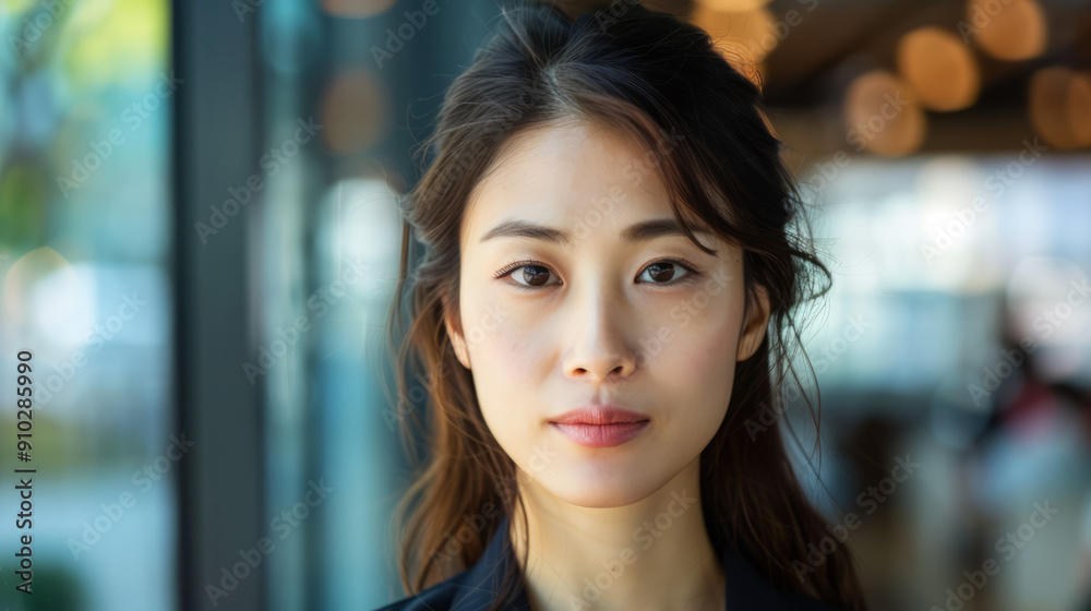 Confident asian woman looking at camera. A portrait of a confident Asian woman with long dark hair gazing directly at the camera. Confident asian woman looking at camera. A portrait of a confident Asian woman with long dark hair gazing directly at the camera.