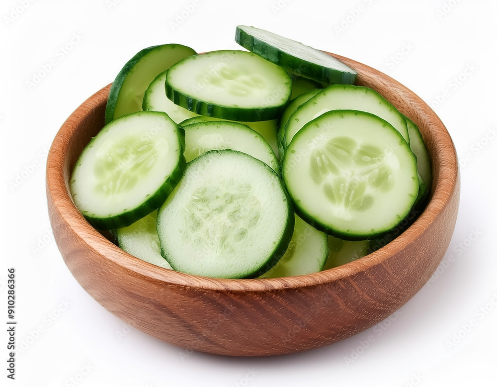 fresh cucumber slice in wooden bowl isolated on white background fresh cucumber slice in wooden bowl isolated on white background