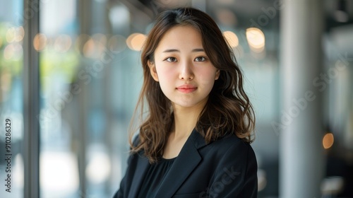 Professional young woman portrait. Portrait of a confident young woman in a black blazer, standing in a modern office setting, looking directly at the camera.