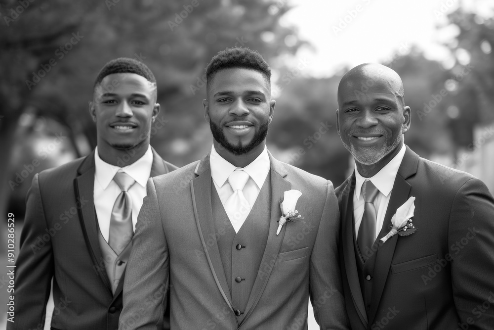Black and white portrait of groomsmen in front of church, wedding preparation concept and suit rental salon advertisement Black and white portrait of groomsmen in front of church, wedding preparation concept and suit rental salon advertisement