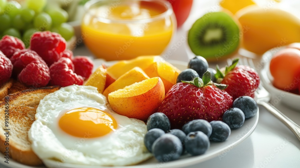 A plate of breakfast food with fruit and toast A plate of breakfast food with fruit and toast