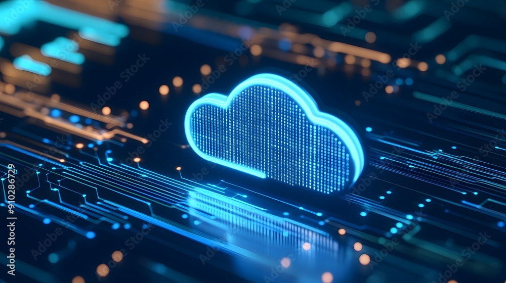 Futuristic blue cloud symbol on a digital circuit board representing cloud computing, technology, and data storage. Futuristic blue cloud symbol on a digital circuit board representing cloud computing, technology, and data storage.