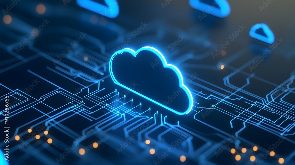 Futuristic blue glowing cloud computing icon on a circuit board symbolizing modern technology, data storage, and digital connectivity. Futuristic blue glowing cloud computing icon on a circuit board symbolizing modern technology, data storage, and digital connectivity.