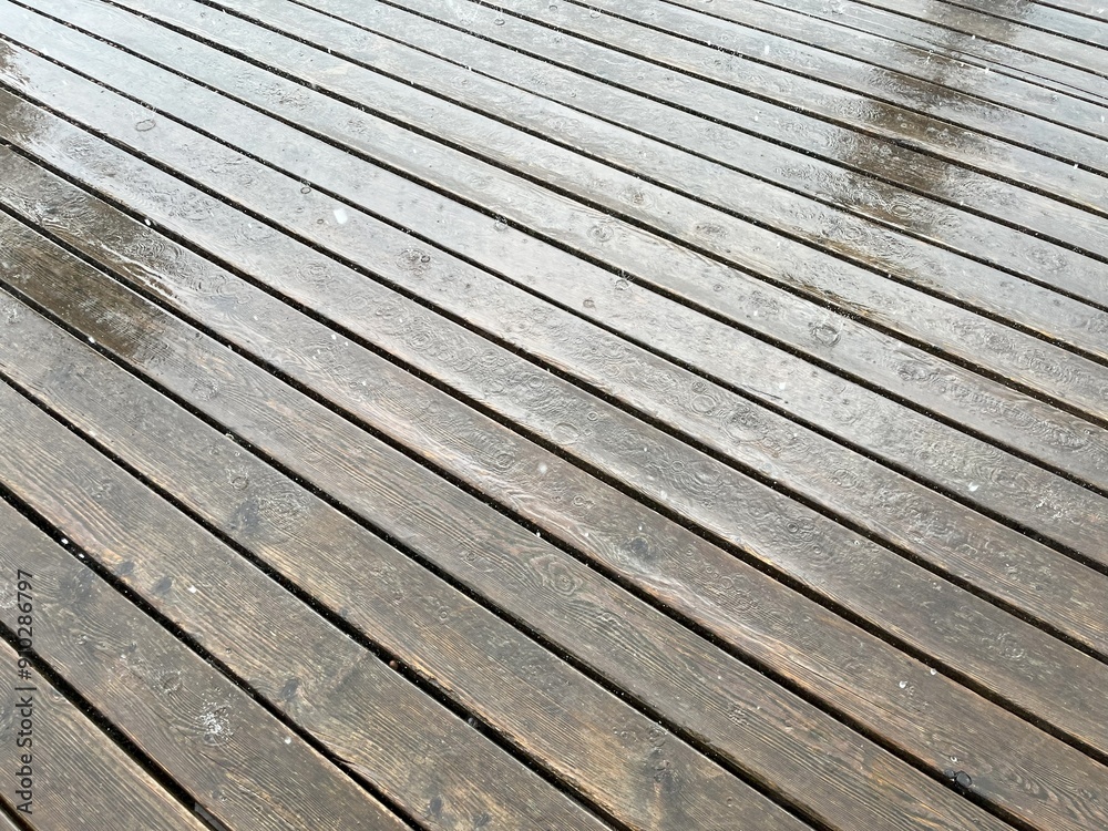 Wet wooden floor because of rain. Wooden texture background in natural color for home, garden fence background and garden floor. Wet wooden floor because of rain. Wooden texture background in natural color for home, garden fence background and garden floor.