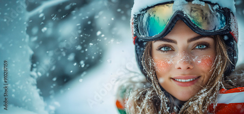 Winter Olympics in 2026 in Italy. Winter Olympic Games in Milan and Cortina d'Ampezzo. Young woman in winter sportswear with the colors of the Italian flag against the background of the Italian Alps photo