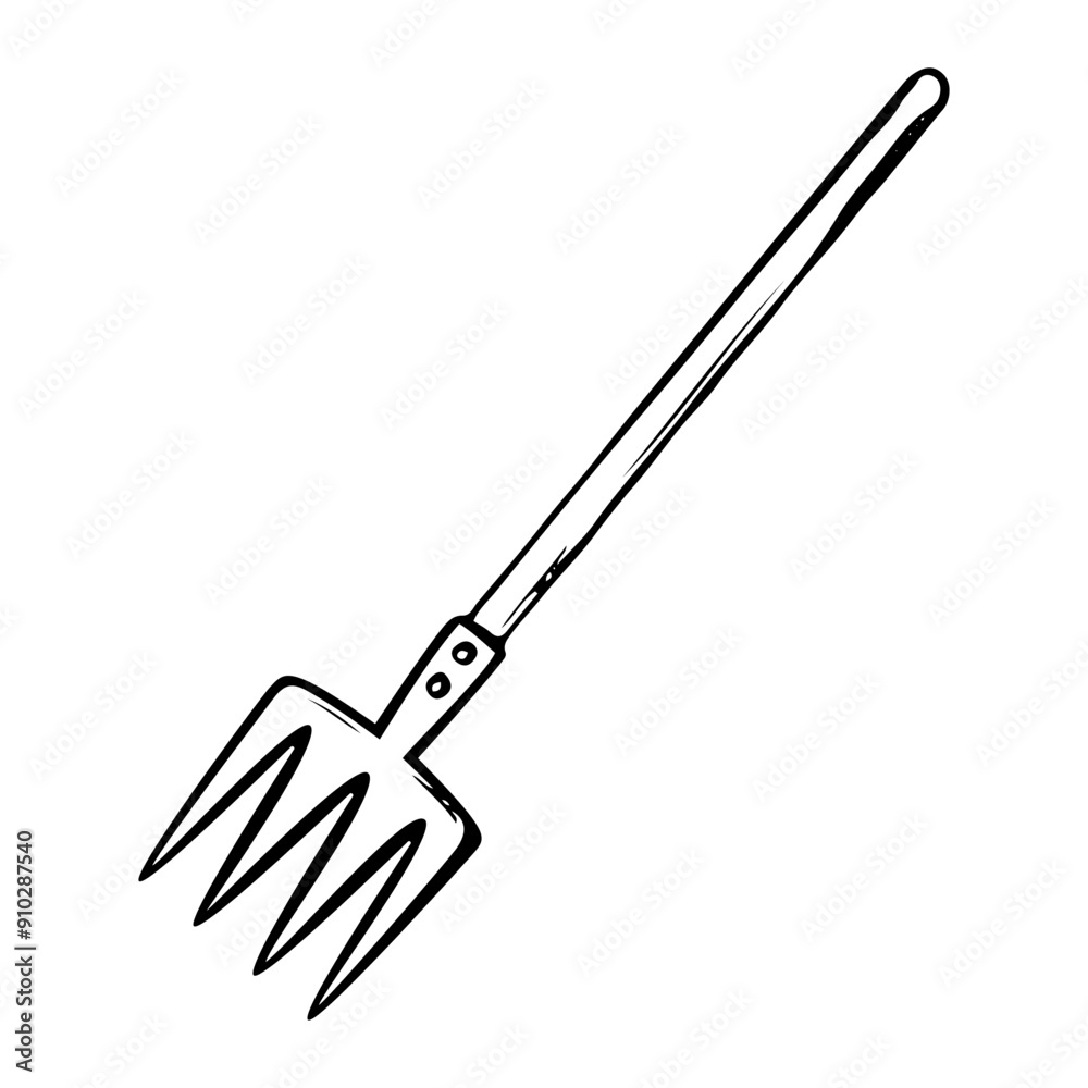 Garden fork hand drawn in doodle style. Hobby gardening. Farmer working tool for harvesting grass and hay. Vector line art illustration. Garden fork hand drawn in doodle style. Hobby gardening. Farmer working tool for harvesting grass and hay. Vector line art illustration.
