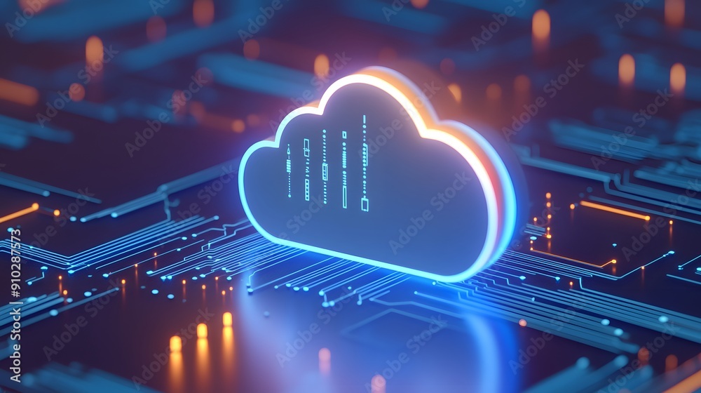 Futuristic cloud computing concept showcasing data storage and network technology. Digital interface and innovation in a vibrant, illuminated setting. Futuristic cloud computing concept showcasing data storage and network technology. Digital interface and innovation in a vibrant, illuminated setting.