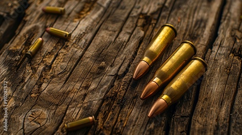 A bunch of bullets laying on top of a wooden table