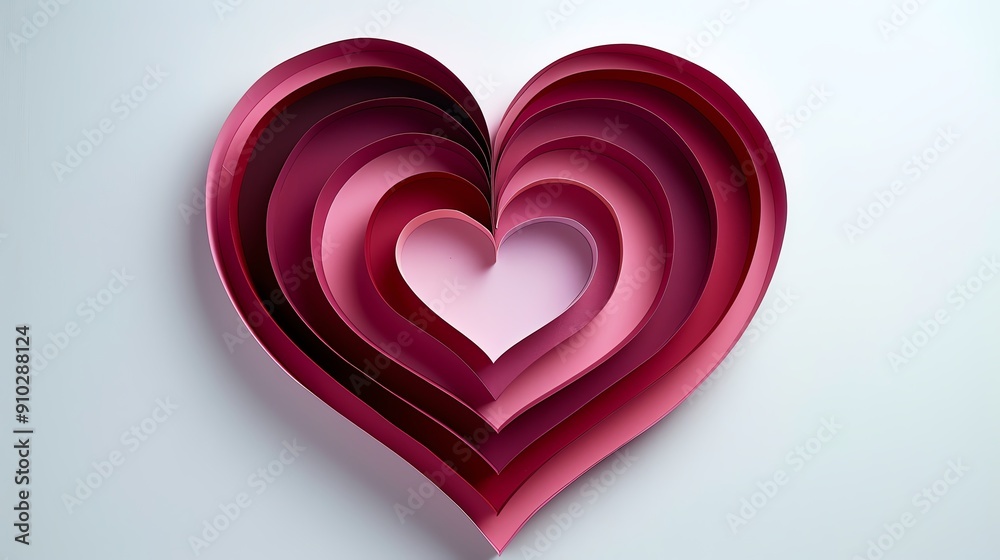 Heart images in layered paper cut style, white background, pink, red, maroon