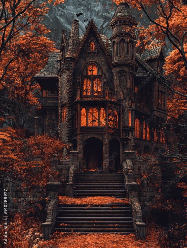 Fototapeta premium An old house surrounded by trees in a dense forest