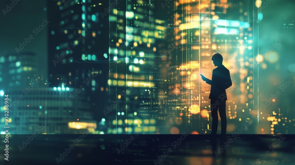 Businessman looking at cityscape at night. A businessman looks at a city skyline at night, showcasing the urban landscape and the potential of technology. Businessman looking at cityscape at night. A businessman looks at a city skyline at night, showcasing the urban landscape and the potential of technology.