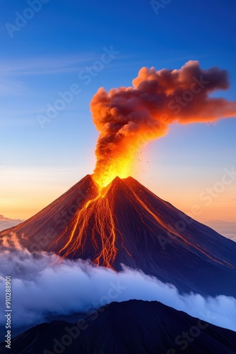 Majestic volcano erupts at dusk with fiery lava and billowing smoke above clouds