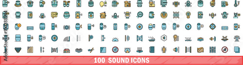 100 sound icons set. Color line set of sound vector icons thin line color flat on white