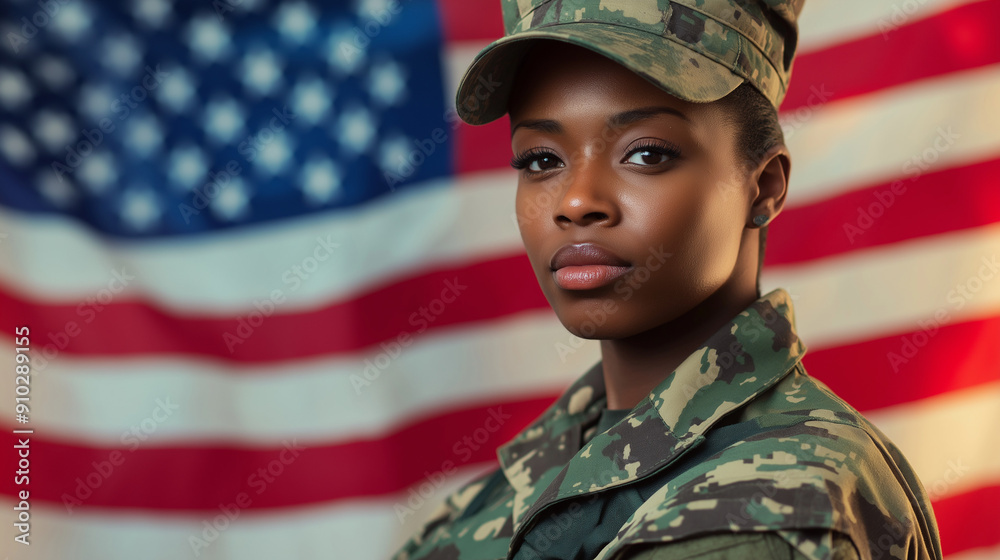 This image depicts a confident female soldier in camouflage uniform staring forward, with the United States flag prominently displayed in the background, symbolizing patriotism and dedication. This image depicts a confident female soldier in camouflage uniform staring forward, with the United States flag prominently displayed in the background, symbolizing patriotism and dedication.
