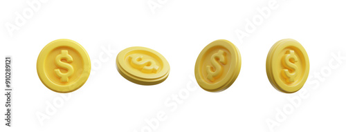 3D dollar coins vector icons set, money cash render in different angles, currency, financial investment, wealth symbol