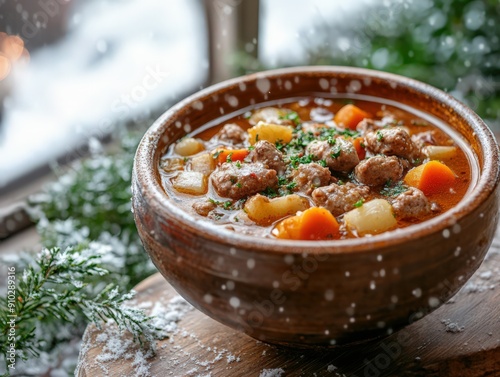 Hearty Winter Stew in Rustic Bowl with Vegetables and Meatballs on Wooden Table in Snowy Outdoor Setting photo