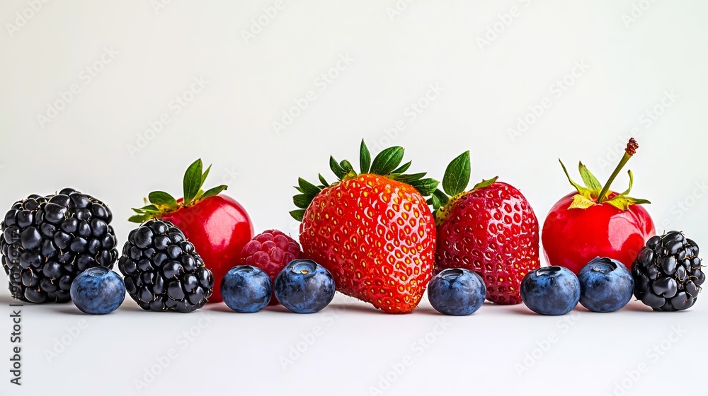 A group of strawberries blueberries blackberries and raspberries on a white surface A group of strawberries blueberries blackberries and raspberries on a white surface